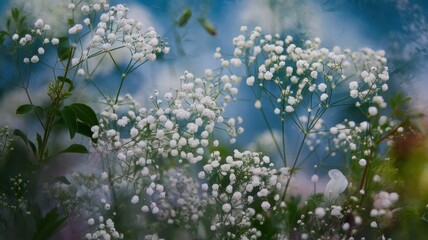 Delicate white flowers bloom against a soft blue backdrop, creating a serene and tranquil atmosphere in nature.