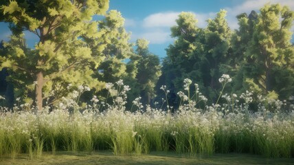A serene landscape featuring lush green grass and delicate white flowers under a clear blue sky, surrounded by vibrant trees.