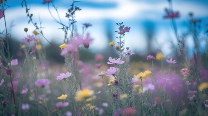 A serene field of vibrant wildflowers in various shades of pink and yellow dances in the gentle breeze under a soft blue sky.