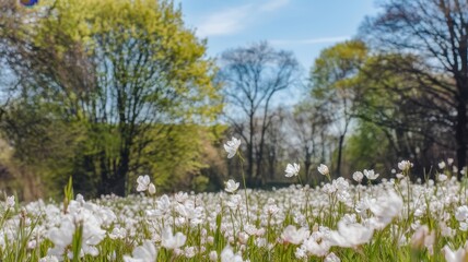 Obraz premium A serene meadow filled with delicate white flowers under a clear blue sky, surrounded by lush green trees, evoking a sense of calm and tranquility.