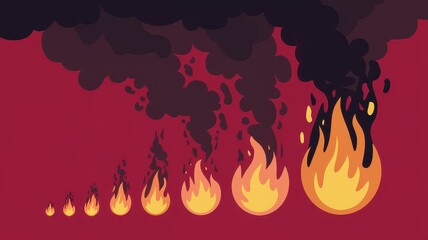 A sequence of stylized flames against a dark red background, showcasing varying sizes and intensities of fire, creating a dynamic and energetic visual.