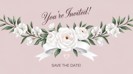 A beautiful invitation card featuring white flowers and soft pastel colors, perfect for weddings or special events.