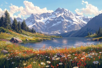Mountain meadow with flowers and snowcapped peaks