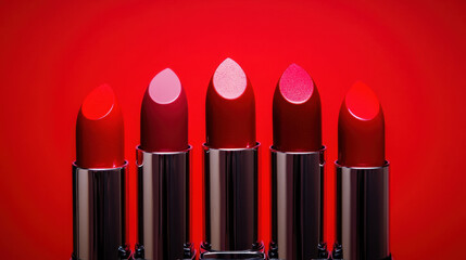 Luxurious lipsticks in various shades of red arranged in row against vibrant red background, showcasing elegance and beauty. Perfect for makeup enthusiasts and beauty lovers