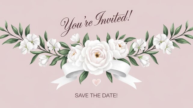 A beautiful invitation card featuring white flowers and soft pastel colors, perfect for weddings or special events.