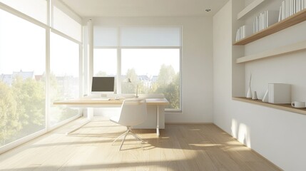A bright and airy home office in a minimalist style, featuring a simple desk, ergonomic chair, and ample natural light, fostering productivity in a clutter-free environment.