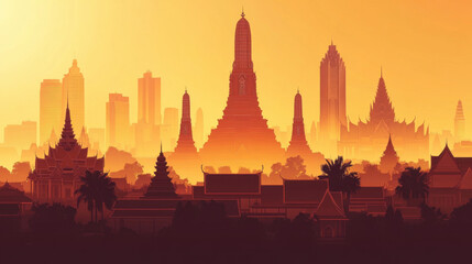 stunning Bangkok skyline silhouette at sunset, showcasing iconic temples and modern buildings. warm orange hues create captivating atmosphere
