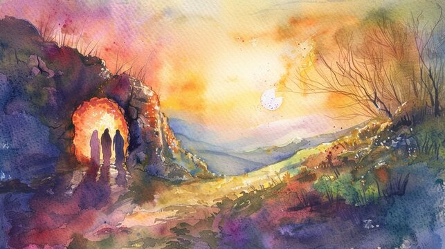 Easter scenes in watercolor including the empty tomb