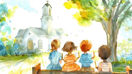 Sunday school clip art in watercolor featuring children in prayer reading the Bible