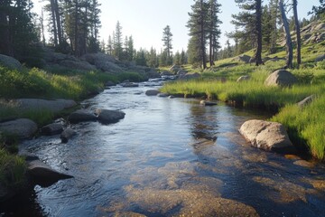 Tranquil river flowing through a lush green forest