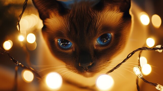 A close-up image of a Siamese cat with striking blue eyes surrounded by warm, glowing fairy lights creating a cozy and festive atmosphere