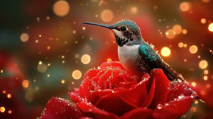 Fototapeta premium beautiful hummingbird perched on vibrant red rose, surrounded by sparkling droplets and dreamy bokeh background, creating magical atmosphere