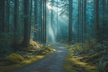 Fototapeta premium Misty forest with tall pine trees and scattered sunlight