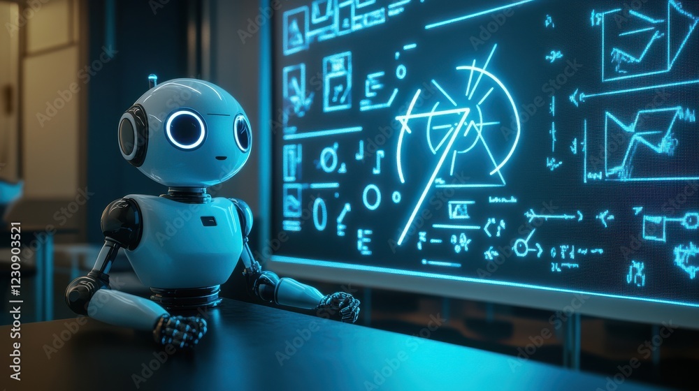 Poster robot with digital interface analyzing data in futuristic workspace