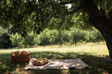 Picnic table under oak tree surrounded by countryside greenery