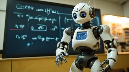 Fototapeta premium Robot with Display Screen Teaching Science in Modern Classroom Setting