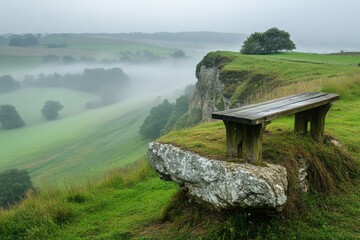 Stone bench overlooking misty countryside valley in dawn light