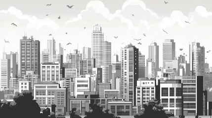 Black and White City Skyline with Modern Buildings and Clouds
