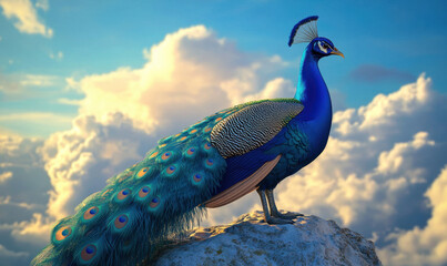 Fototapeta premium blue peacock stands majestically on rock, showcasing its vibrant feathers under warm sunlight. stunning colors contrast beautifully with soft clouds in background