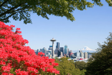 Obraz premium A city skyline with a large building in the middle