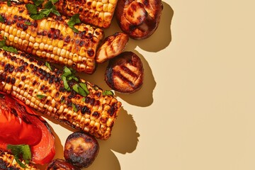 Naklejka premium Charred vegetable composition featuring grilled corn and mushrooms with vibrant greens on a light surface
