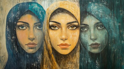 Three Women in Hijabs Portrait Painting