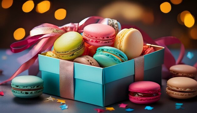 bunte Macarons in einer Geschenkbox