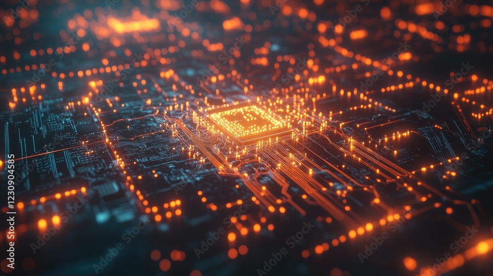 Poster a close-up shot of a glowing microchip with digital lines extending outward, symbolizing the core of