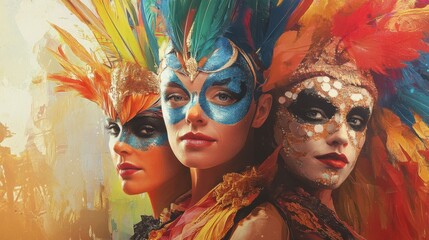 Three Women in Colorful Feather Masks and Costumes