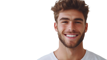Radiant male smile with perfect white teeth against solid transparent background perfect for dental, teeth whitening advertisements, room on the left for copy