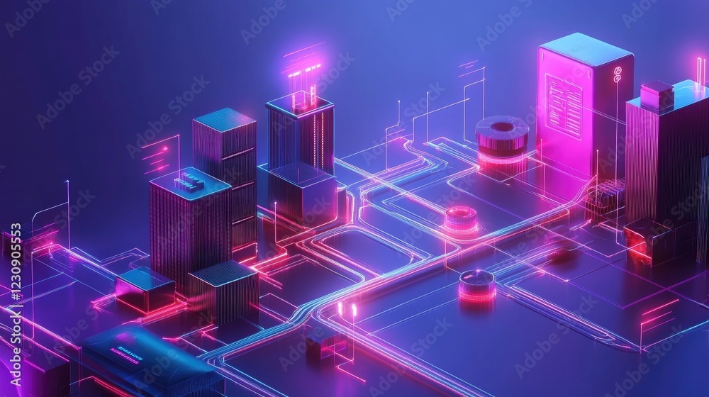 Poster a concept of a digital network represented by glowing circuits and pathways connecting different dev