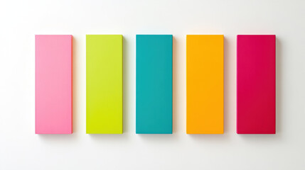 Bright and colorful paint swatches arranged vertically on white background, showcasing vibrant hues of pink, green, teal, orange, and magenta