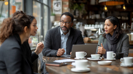  diverse team discussing business strategies over coffee