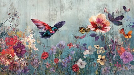 A vibrant digital painting of a hummingbird and various butterflies among blooming flowers on a textured background