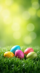 Colorful Easter eggs hiding in green grass on blurred background. Easter landscape. Spring background with copy space for greeting card, banner, poster, wallpaper