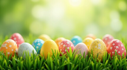 Colorful Easter eggs hiding in green grass on blurred background. Easter landscape. Spring background with copy space for greeting card, banner, poster, wallpaper