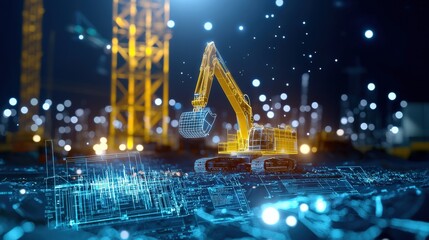 Holographic Blueprint Floating Above a Construction Site, Representing Project Planning