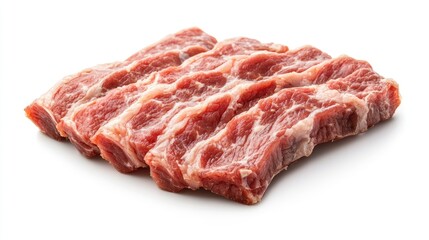 Obraz premium A detailed view of fresh pork ribs with a glistening surface, highlighting their texture and quality, set on a white background for a clean, professional look.
