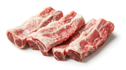 A detailed view of fresh pork ribs with a glistening surface, highlighting their texture and quality, set on a white background for a clean, professional look.