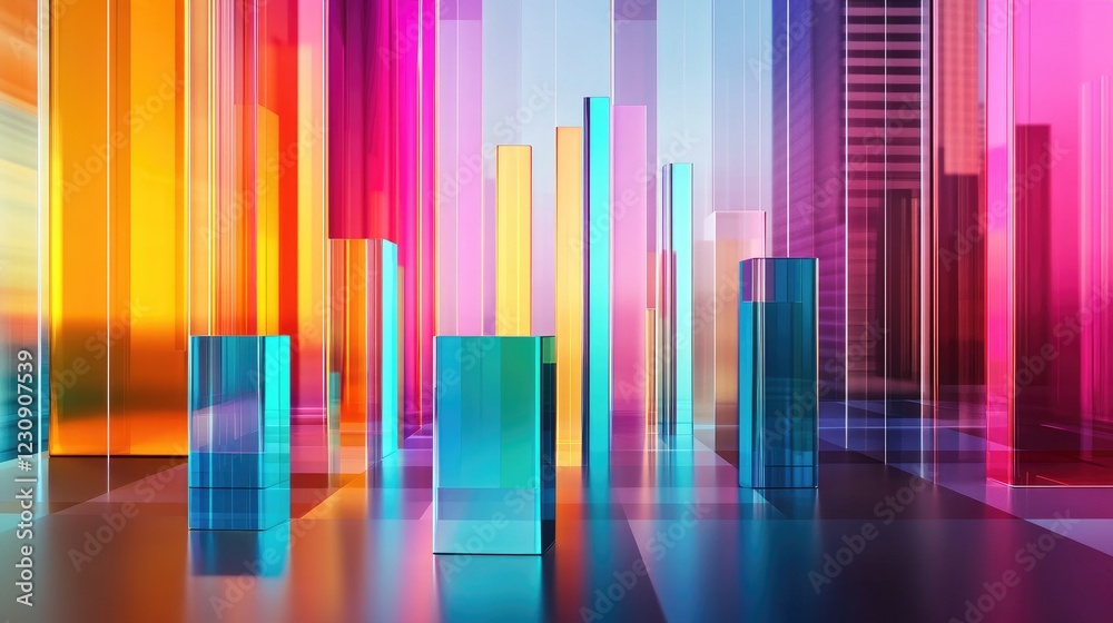 Poster a dynamic d bar chart displaying colorful data representations, with upward trends and various heigh