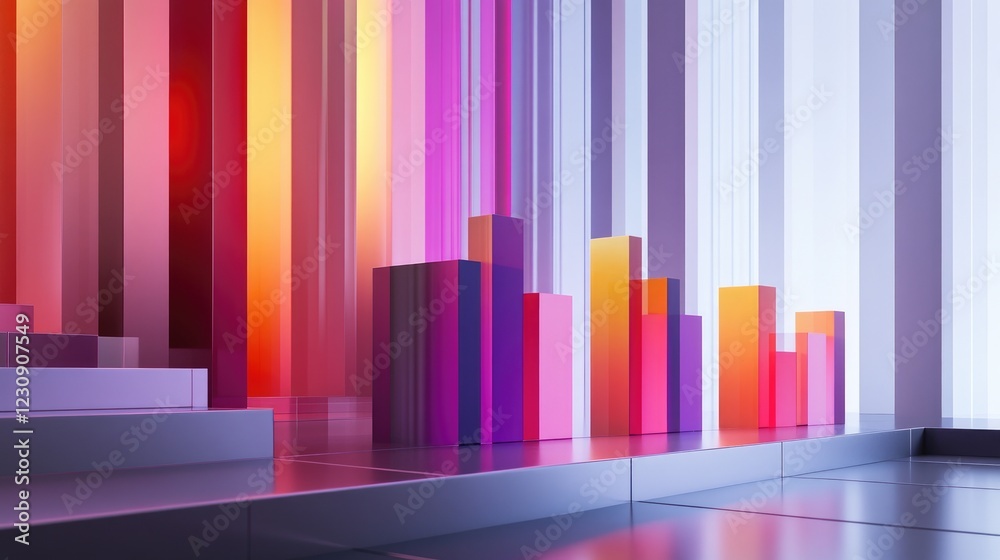 Poster a dynamic d bar chart displaying colorful data representations, with upward trends and various heigh