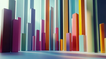 Obraz premium A dynamic D bar chart displaying colorful data representations, with upward trends and various heights, set against a sleek, modern background to highlight the growth and analysis of market data.