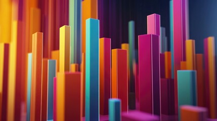 Obraz premium A dynamic D bar chart displaying colorful data representations, with upward trends and various heights, set against a sleek, modern background to highlight the growth and analysis of market data.