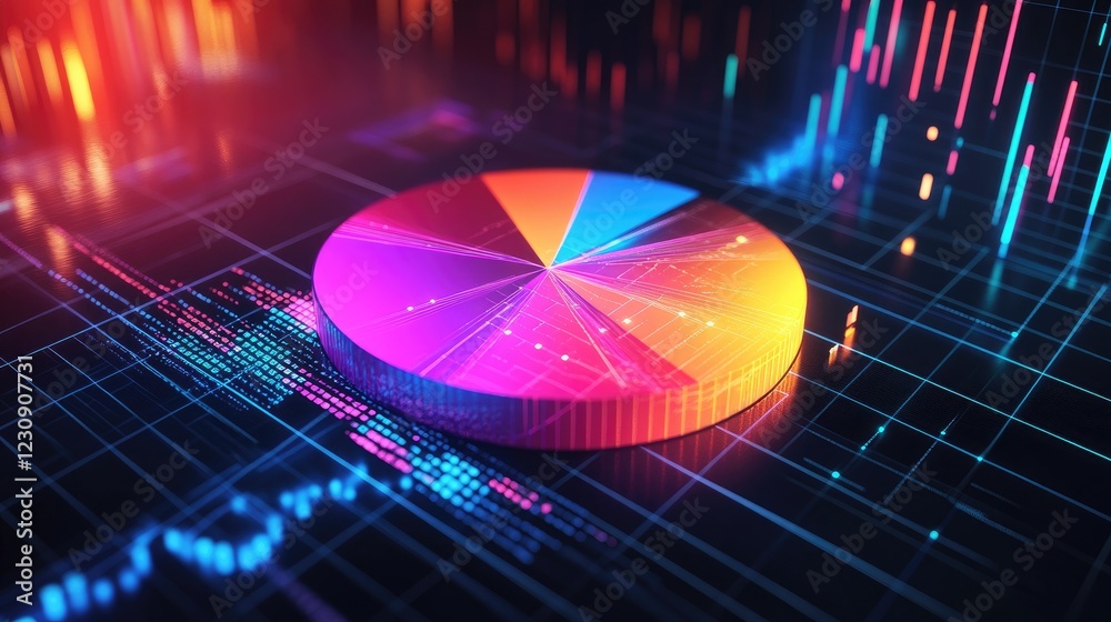 Poster a dynamic d pie chart with vibrant sections, hovering above a grid background with digital data and 