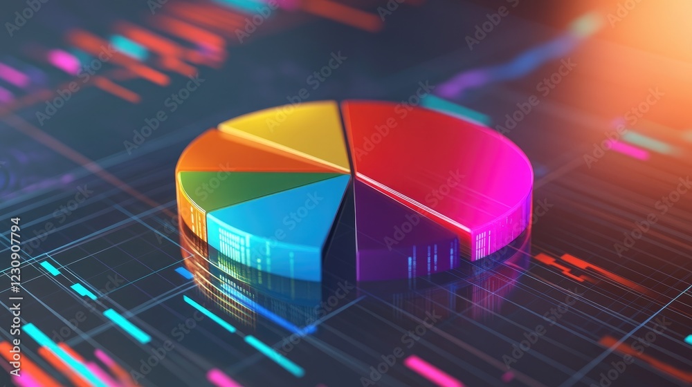 Poster a dynamic d pie chart with vibrant sections, hovering above a grid background with digital data and 