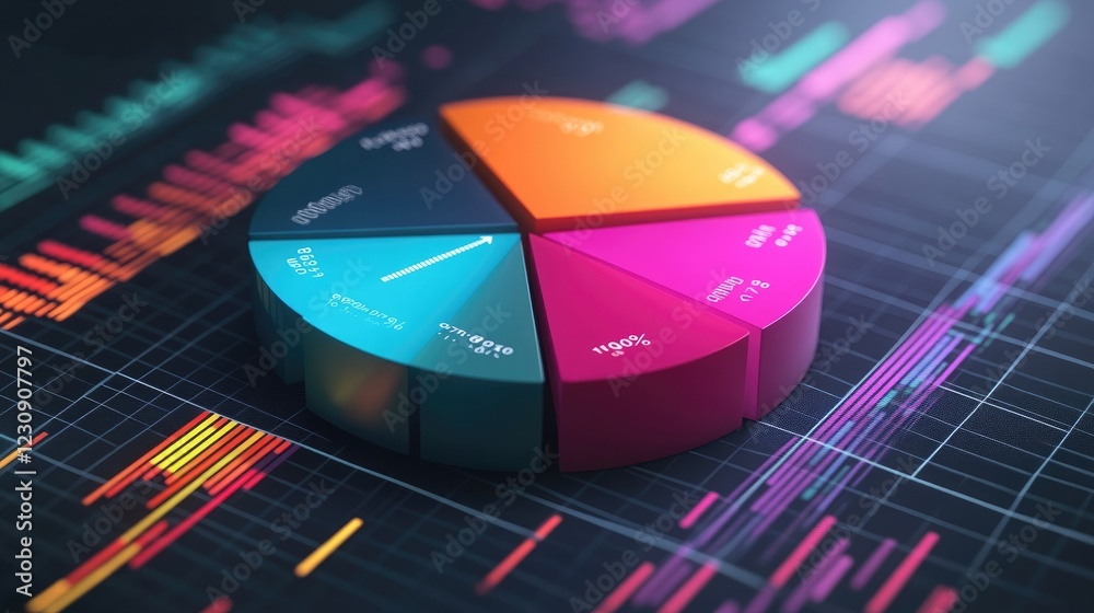 Poster a dynamic d pie chart with vibrant sections, hovering above a grid background with digital data and 