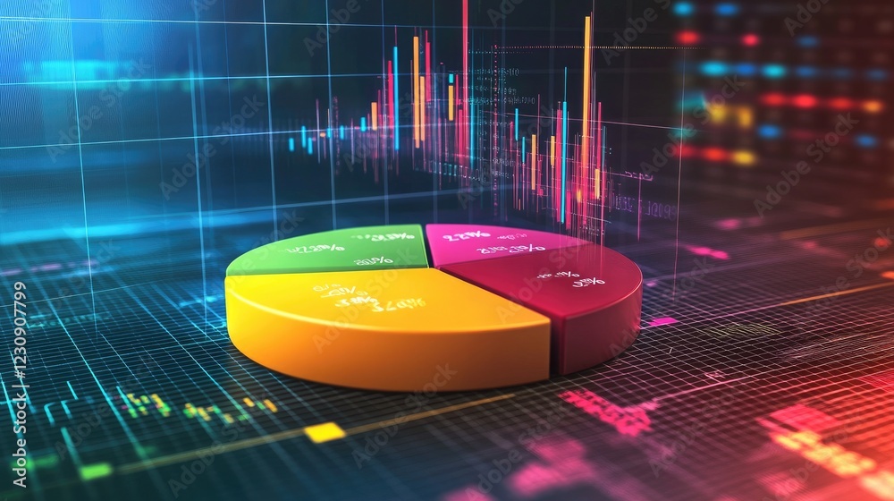 Poster a dynamic d pie chart with vibrant sections, hovering above a grid background with digital data and 