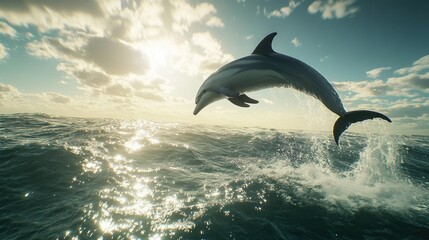 Fototapeta premium A dynamic image of a dolphin performing a high jump above the ocean waves, set against a backdrop of a sunny sky and a sparkling sea.