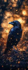 Majestic Raven Perched, Firefly Night, Fantasy Art