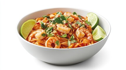 A fresh bowl of spicy tom yum noodles, topped with shrimp, lime wedges, and herbs, set against a white background to emphasize the colorful toppings.